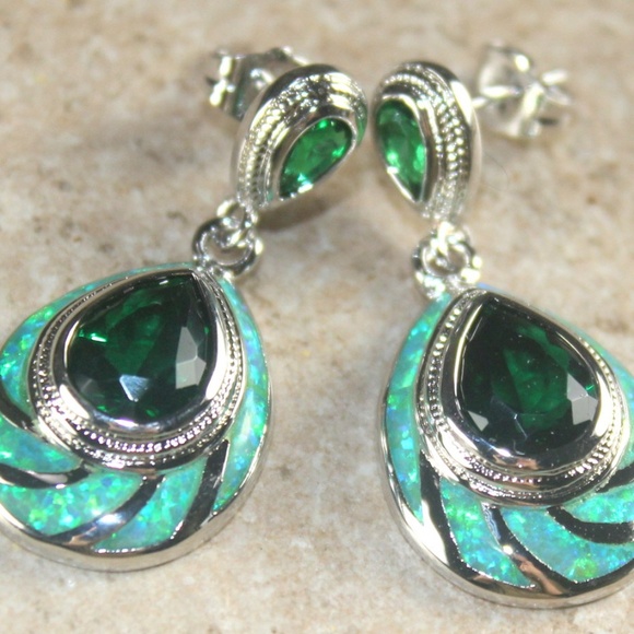 Green Fire Opal Stud Earrings - Picture 2 of 2